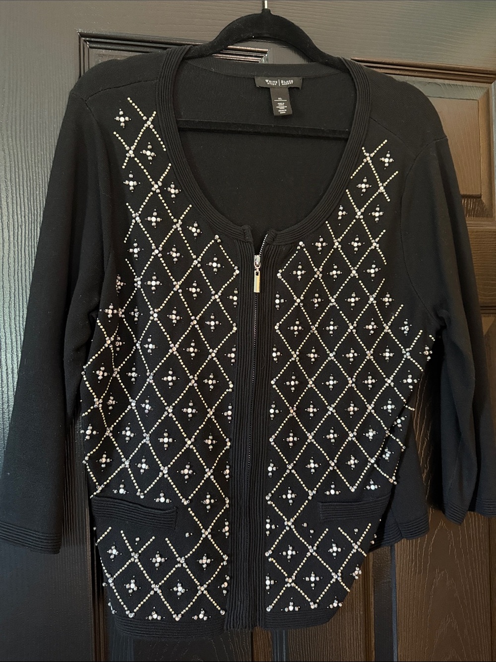 Whbm Black Zip Cardigan with Silver Studded Motif